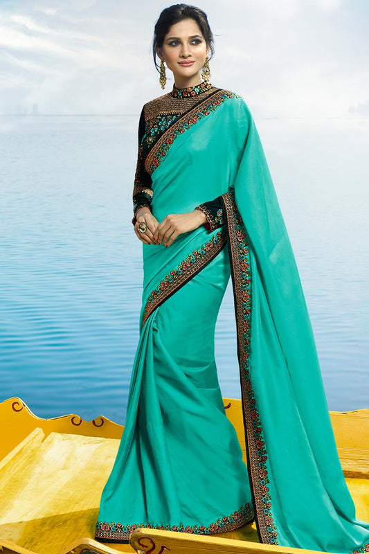 Sky Blue and Pine Green Designer Silk Sari