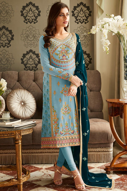 Sky Blue Designer Georgette Straight Suit