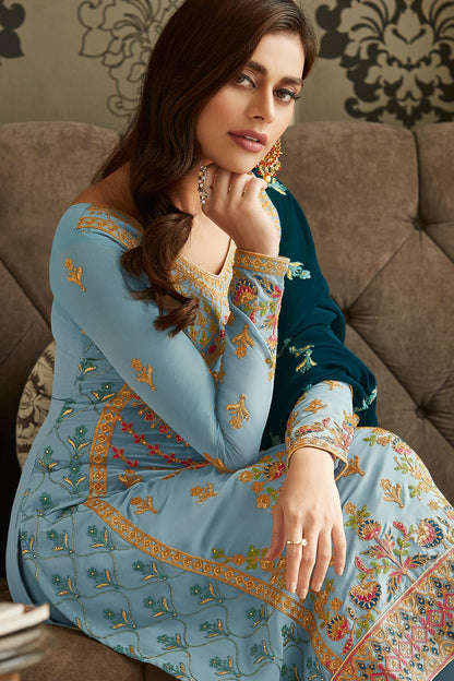 Sky Blue Designer Georgette Straight Suit