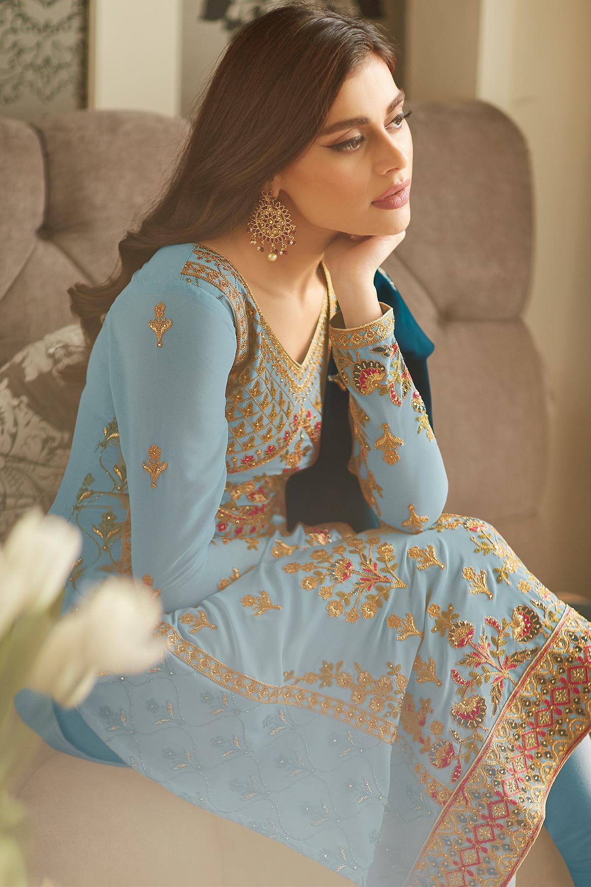 Sky Blue Designer Georgette Straight Suit