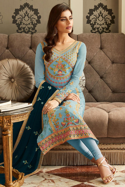 Sky Blue Designer Georgette Straight Suit
