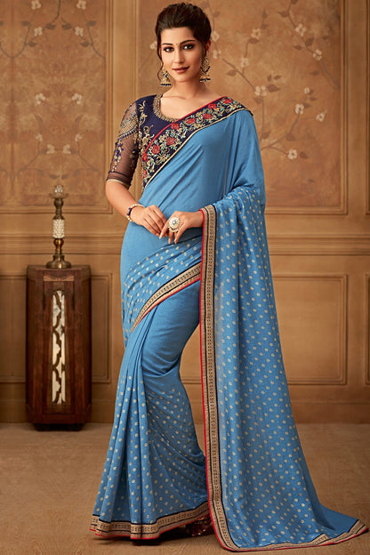 Sky Blue Designer Party Wear Silk Sari