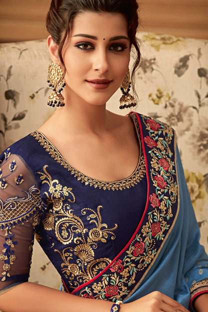 Sky Blue Designer Party Wear Silk Sari