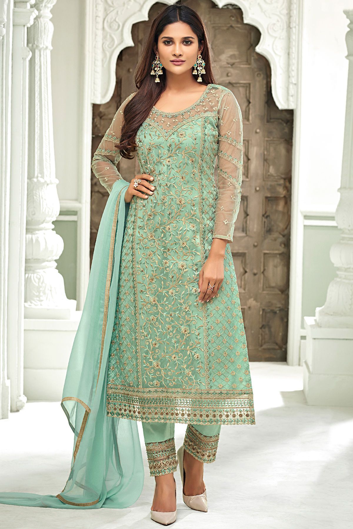 Sky Blue Net Party Wear Stright Cut Suit