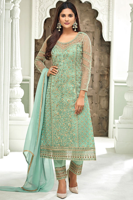 Sky Blue Net Party Wear Stright Cut Suit