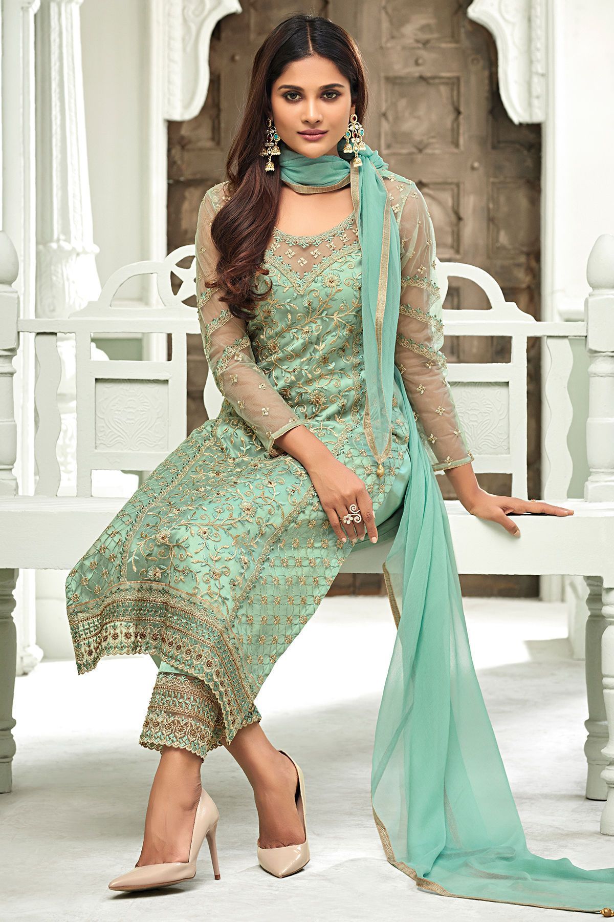 Sky Blue Net Party Wear Stright Cut Suit