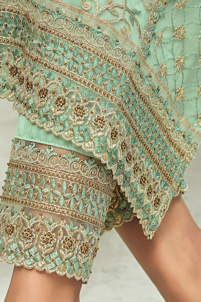 Sky Blue Net Party Wear Stright Cut Suit