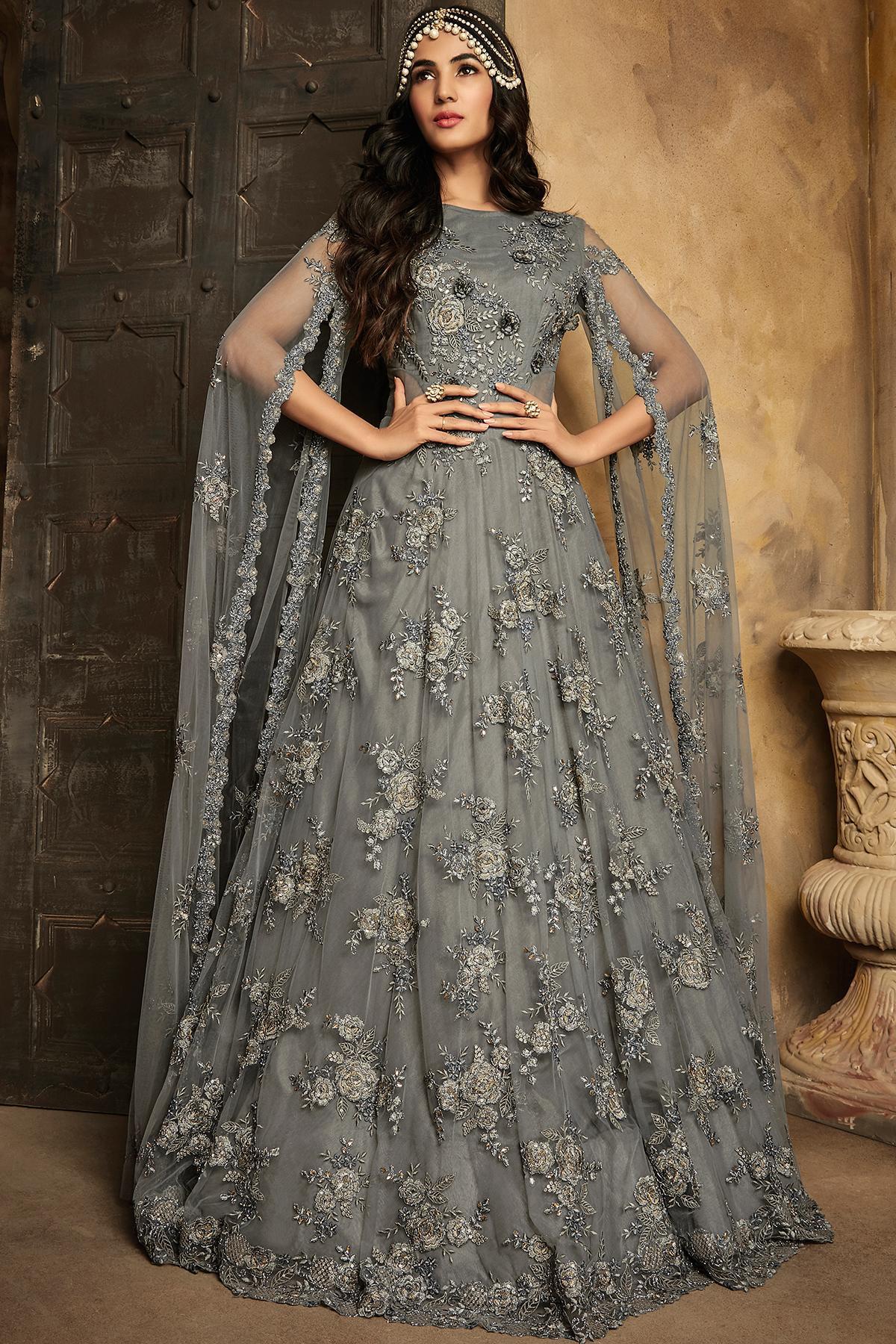Slate Grey Embroidered Designer Anarkali Suit