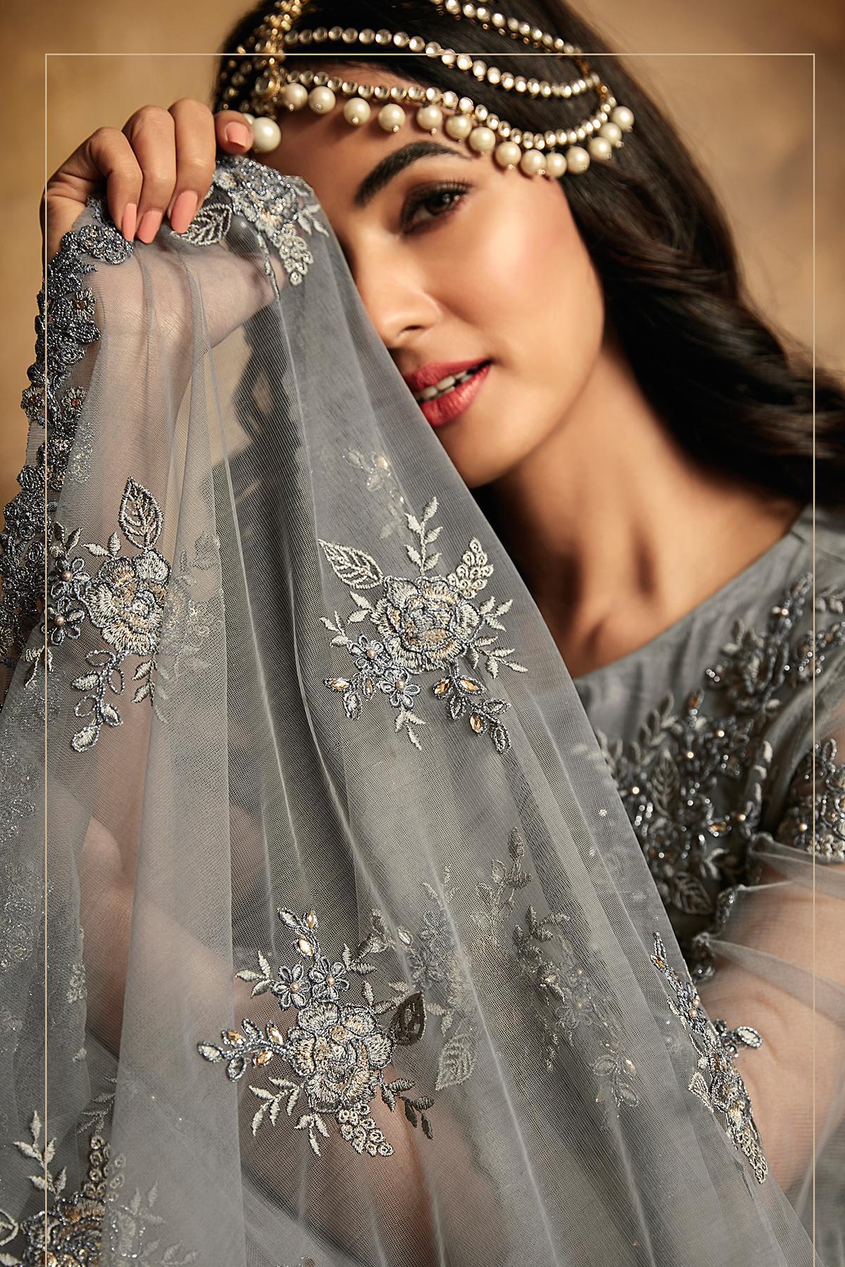 Slate Grey Embroidered Designer Anarkali Suit