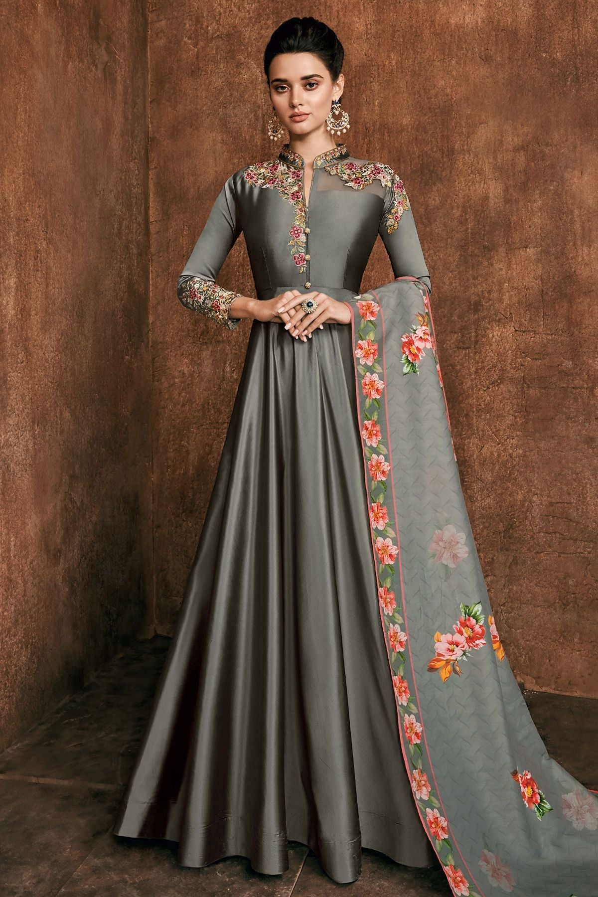Slate Grey Reyon Party Wear Anarkali Suit