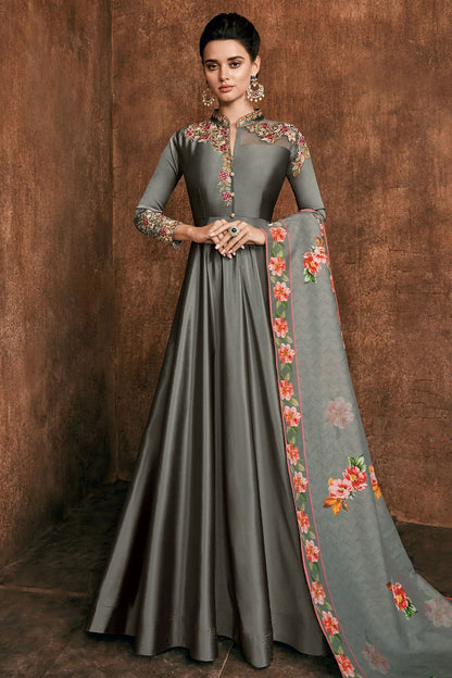 Slate Grey Reyon Party Wear Anarkali Suit