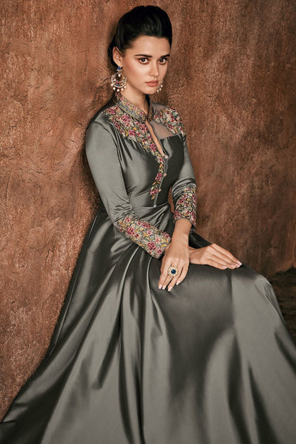 Slate Grey Reyon Party Wear Anarkali Suit