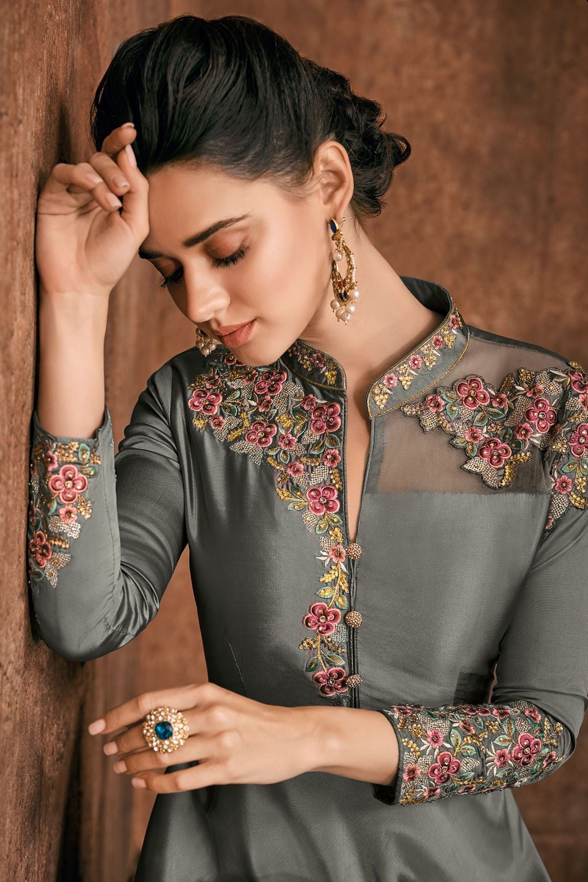 Slate Grey Reyon Party Wear Anarkali Suit