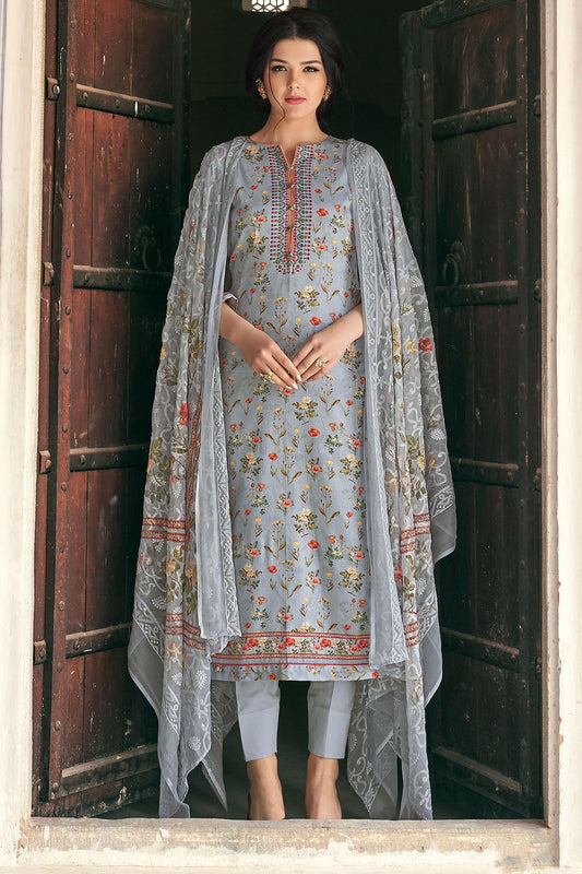 Sliver Grey Cotton casual Wear Straight Suit