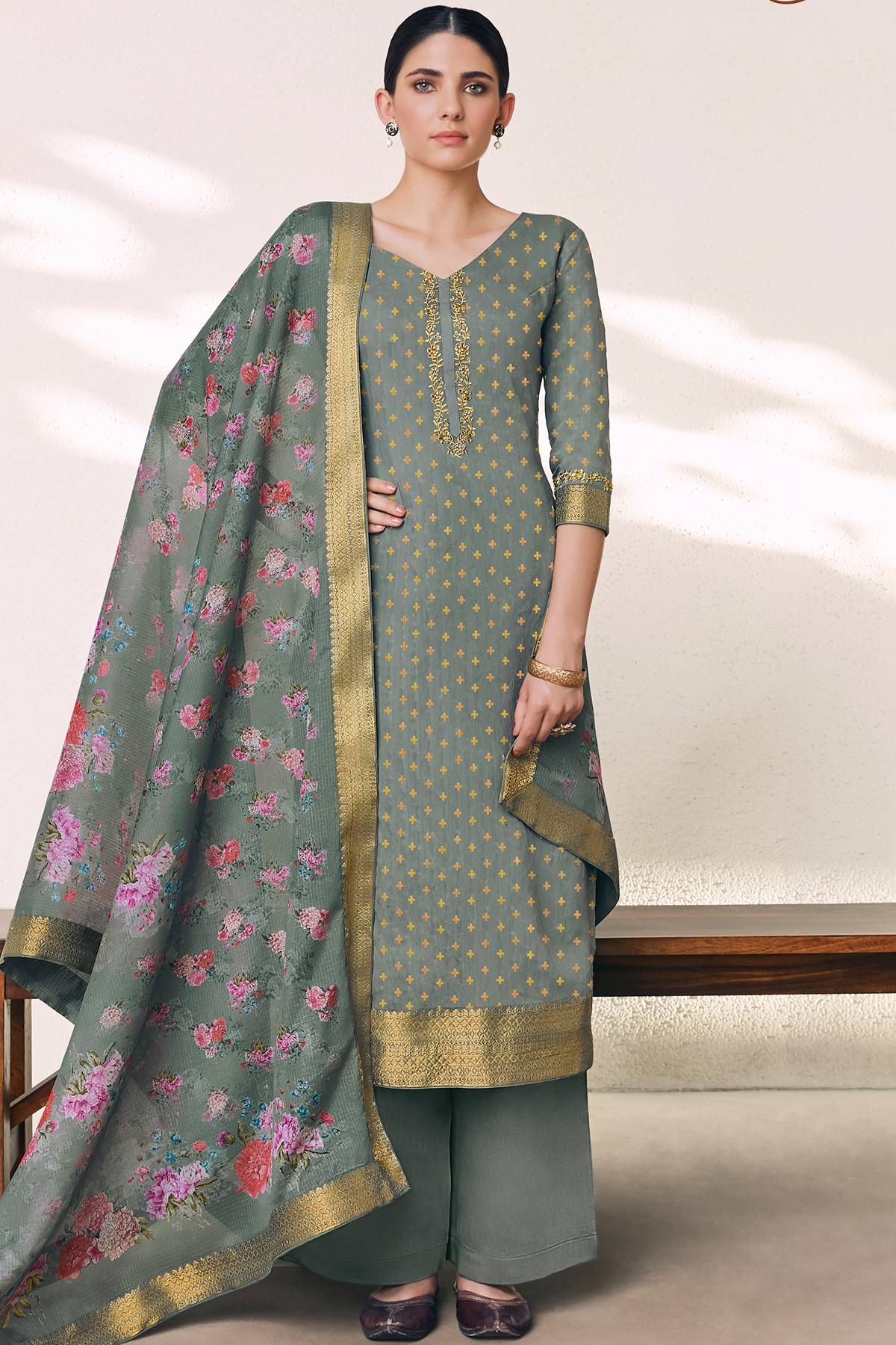 Stone Grey Casual Printed Straight Suit
