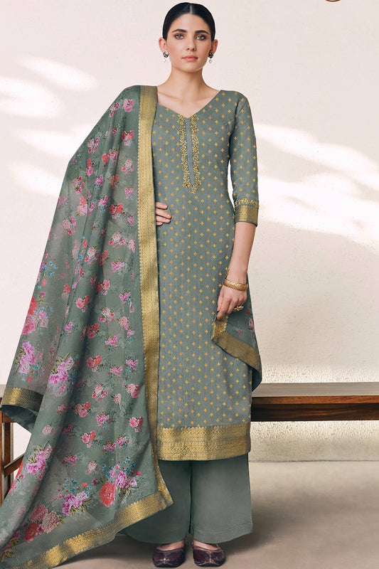 Stone Grey Casual Printed Straight Suit