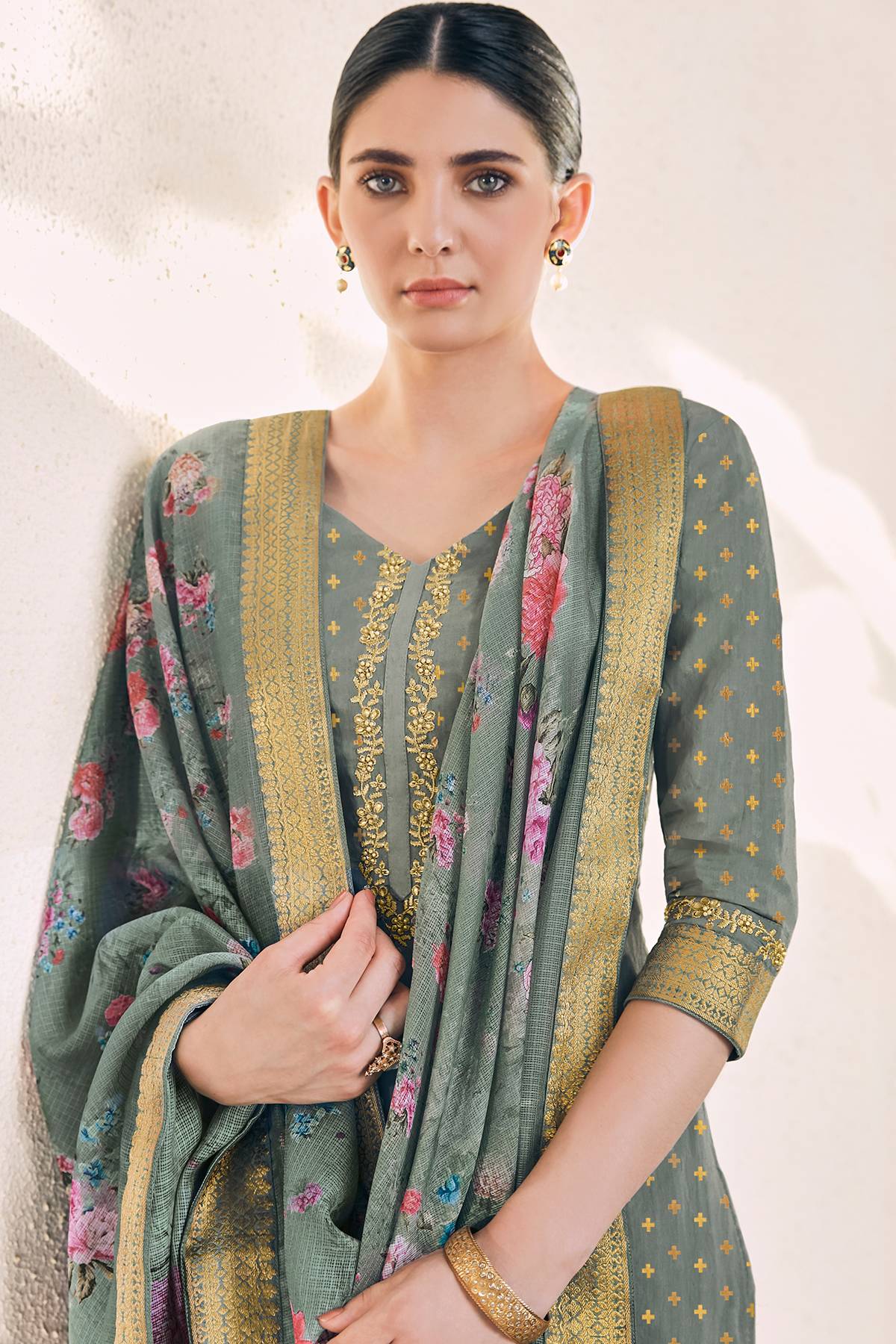 Stone Grey Casual Printed Straight Suit