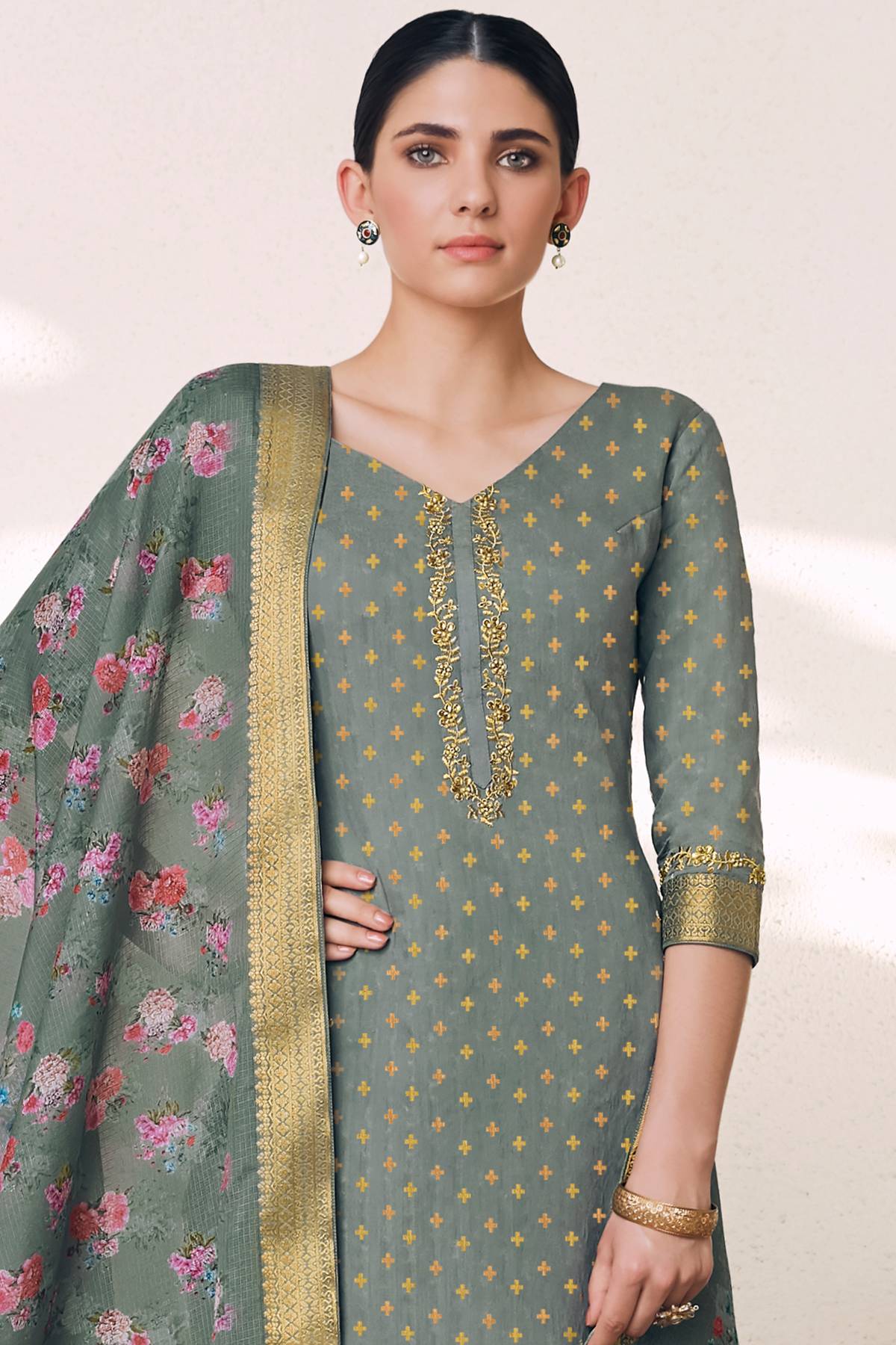 Stone Grey Casual Printed Straight Suit