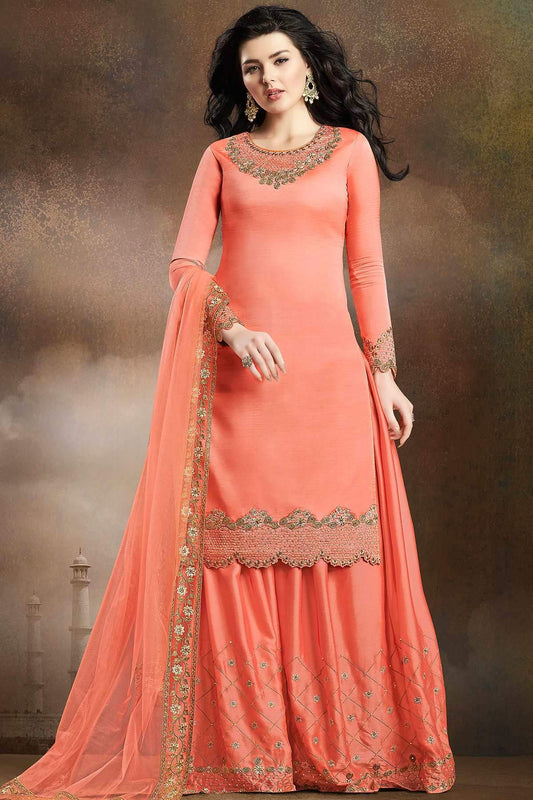 Strawberry Pink Designer Embroidered Silk Sharara Suit