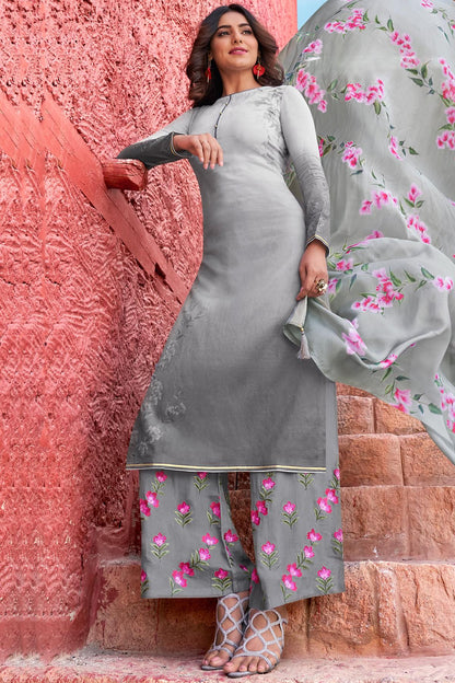 Stunning Grey Casual Cotton Straight Suit
