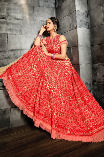 Off-White Lehenga set with heavy threadwork in Red