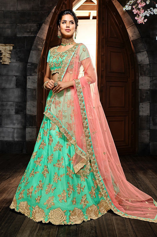 Turquoise-Blue lehenga set with well-crafted gold artwork