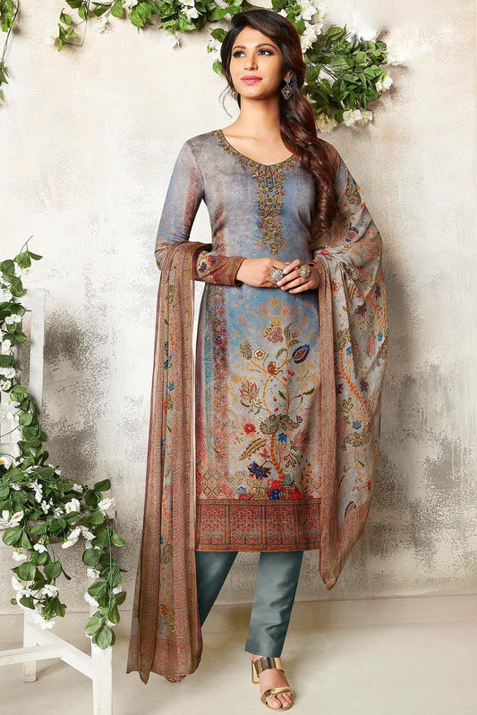Gray Blue Satin Printed Suit with Dupatta