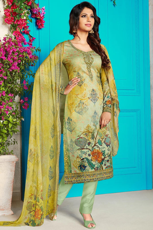 Yellow Green Satin Printed Suit with Dupatta