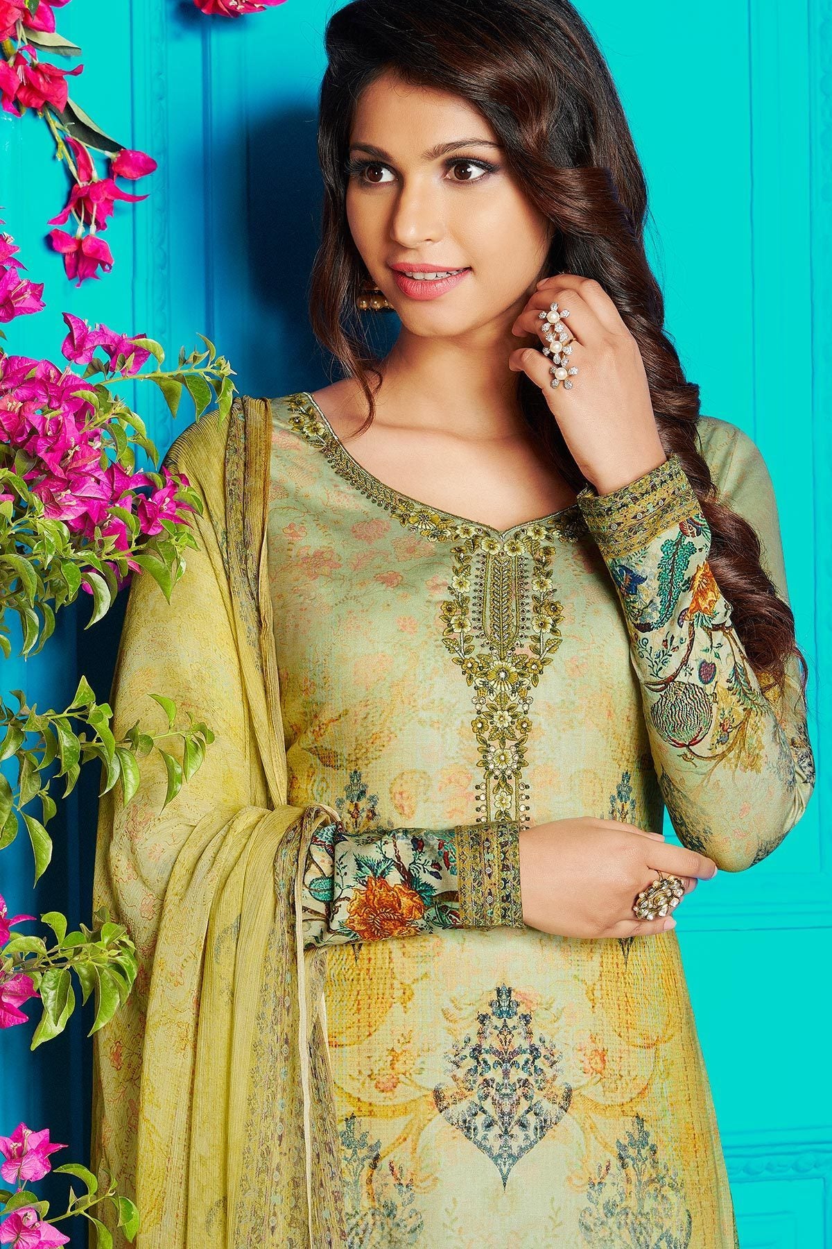Yellow Green Satin Printed Suit with Dupatta
