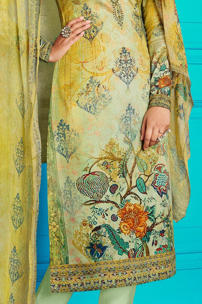 Yellow Green Satin Printed Suit with Dupatta