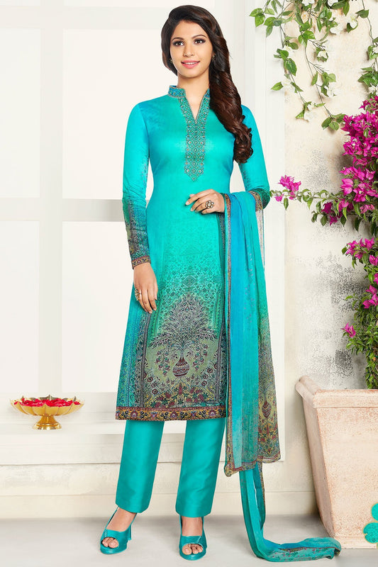 Turquise Blue Satin Printed Suit