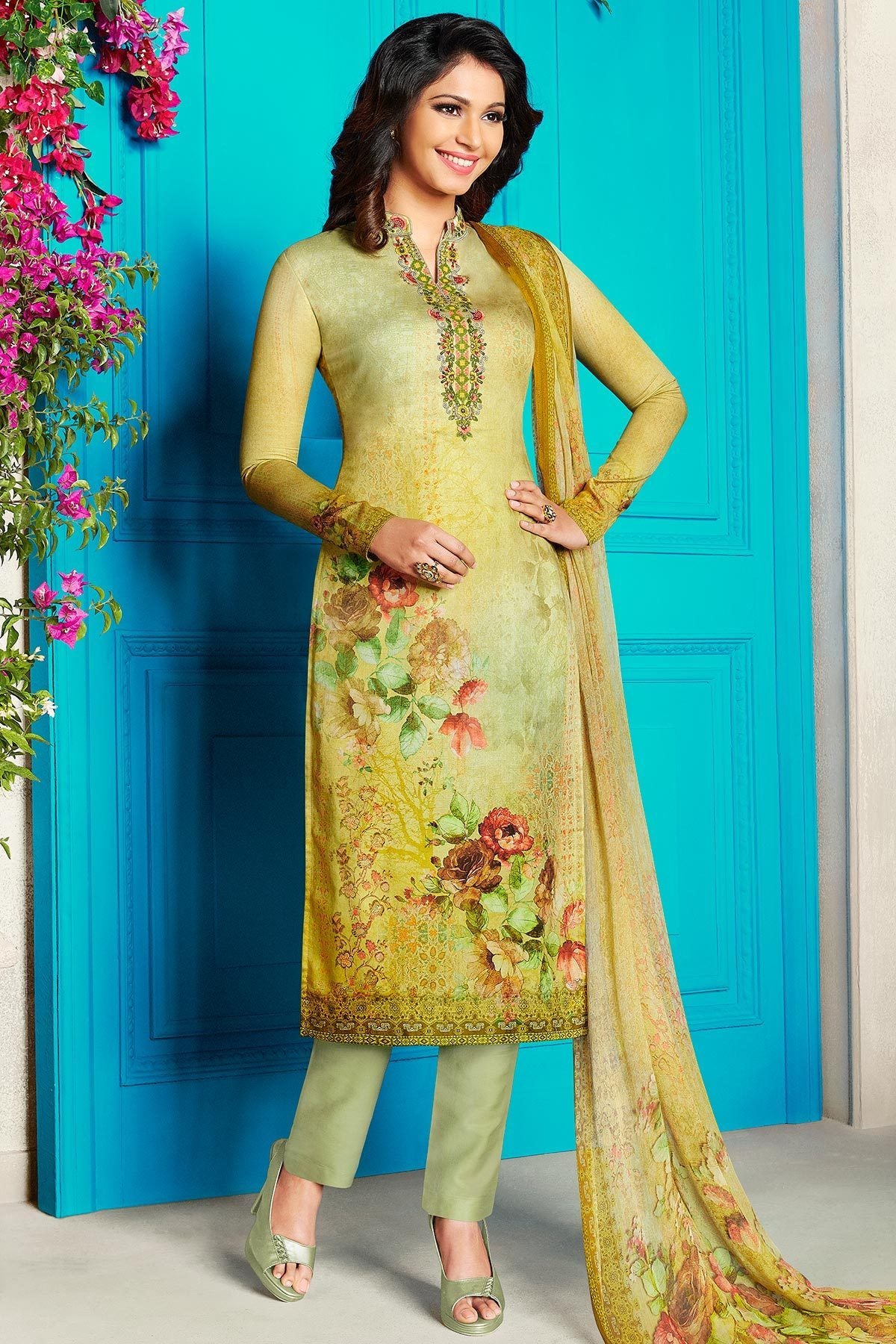 Yellow Green Satin Printed Suit