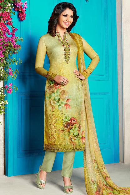 Yellow Green Satin Printed Suit