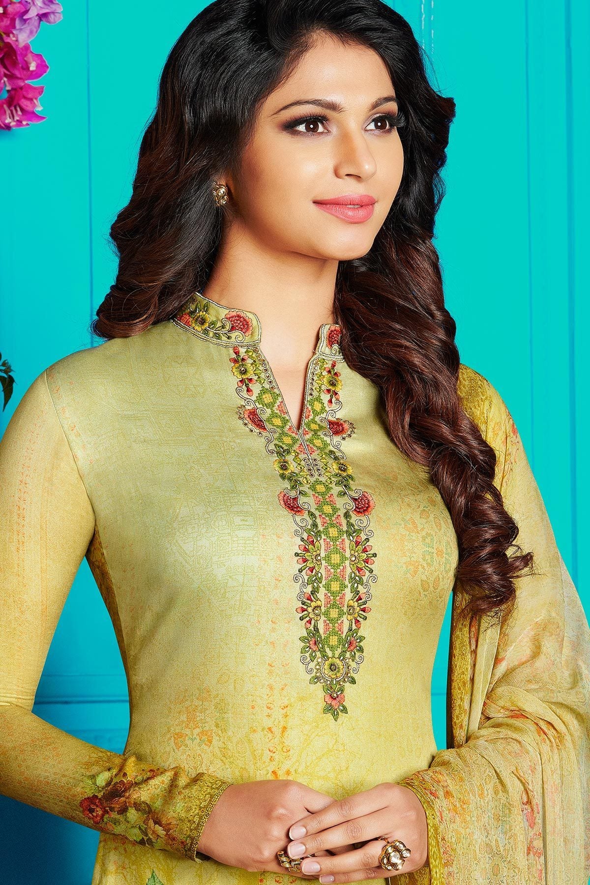 Yellow Green Satin Printed Suit