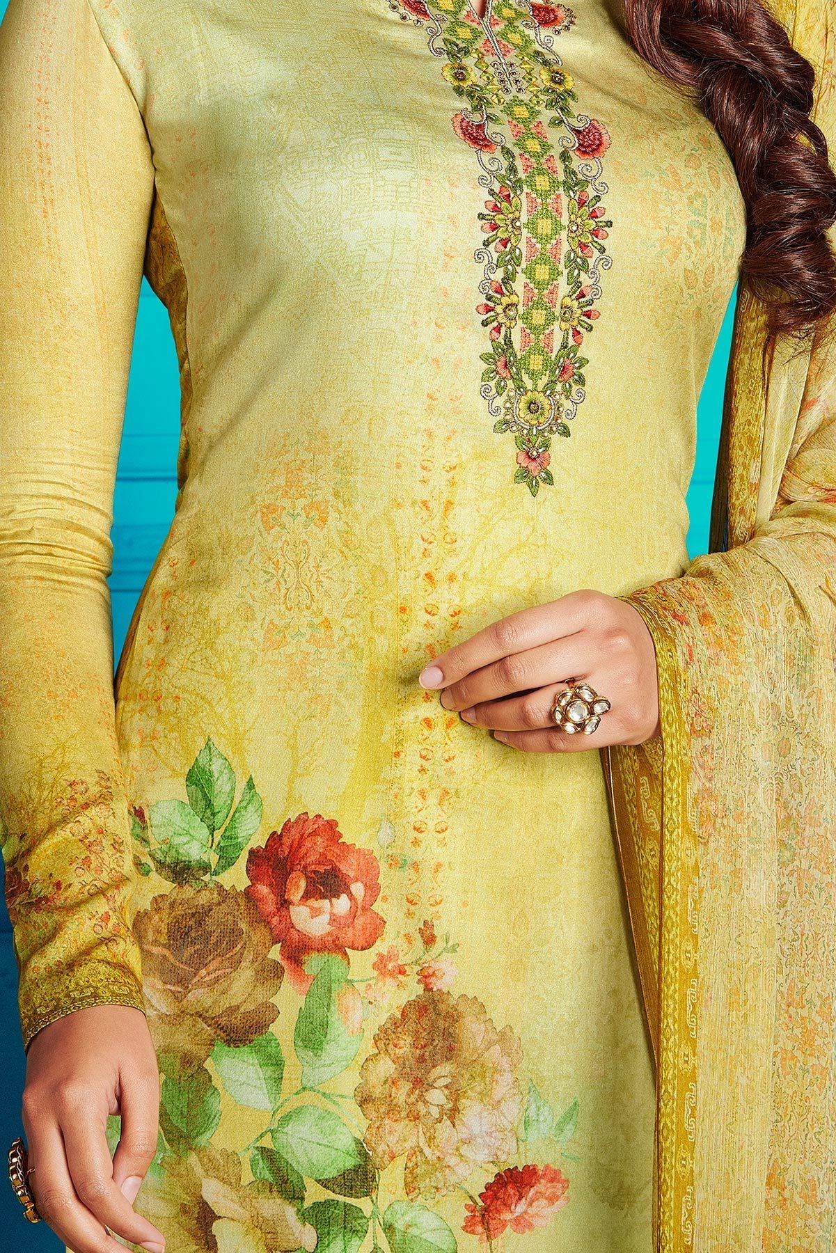 Yellow Green Satin Printed Suit