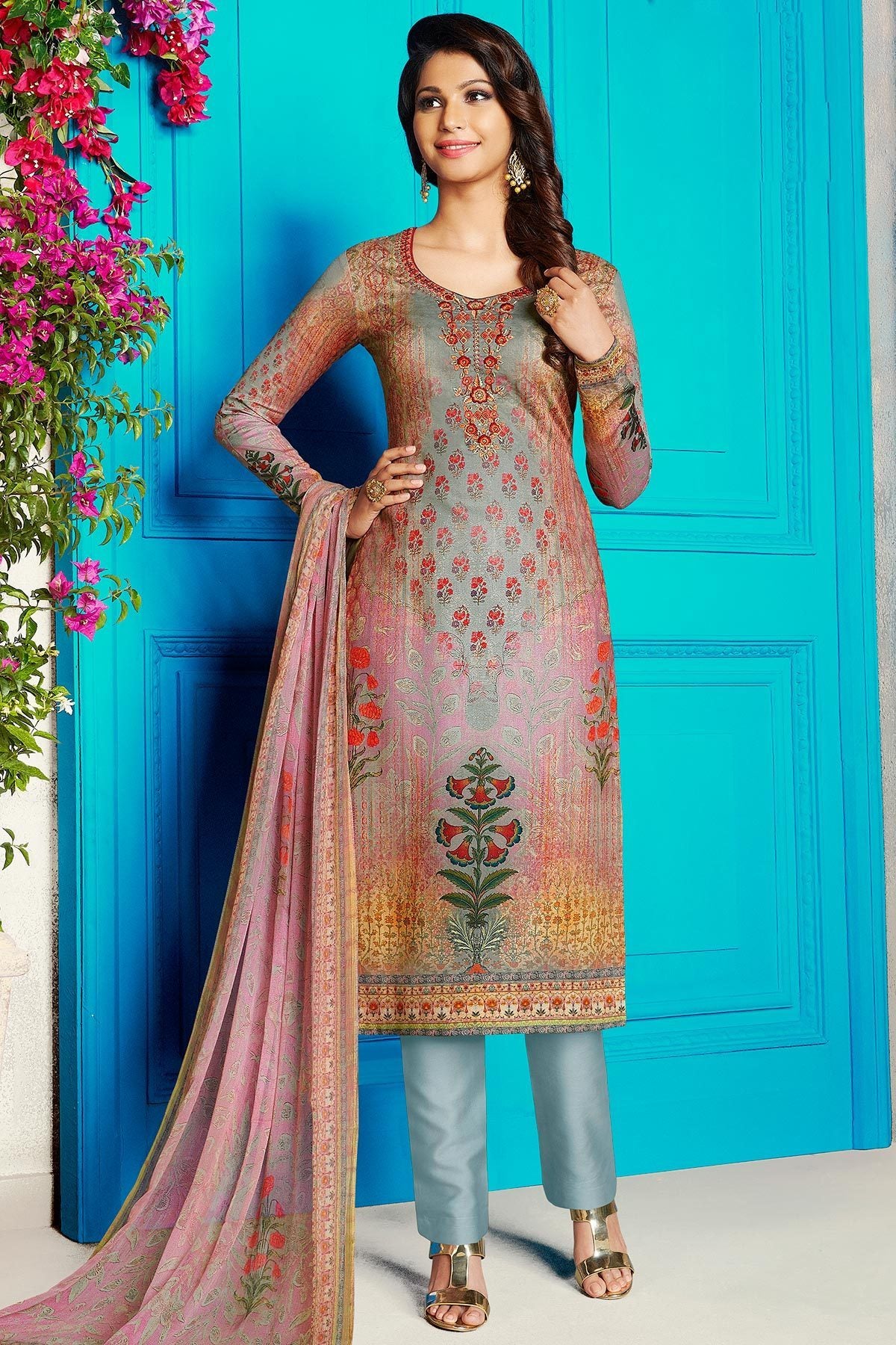 Gray Brown Satin Printed Suit with Dupatta