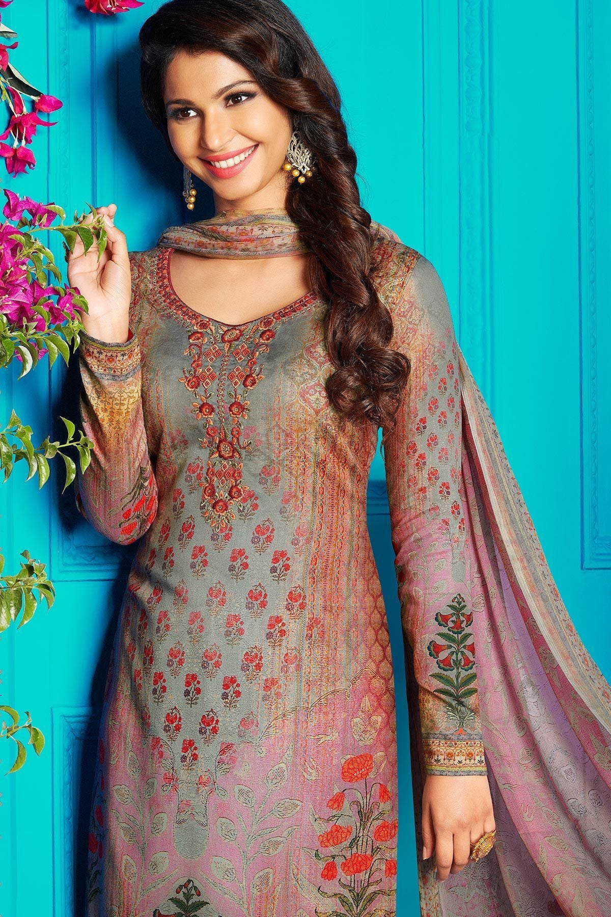Gray Brown Satin Printed Suit with Dupatta