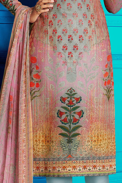 Gray Brown Satin Printed Suit with Dupatta