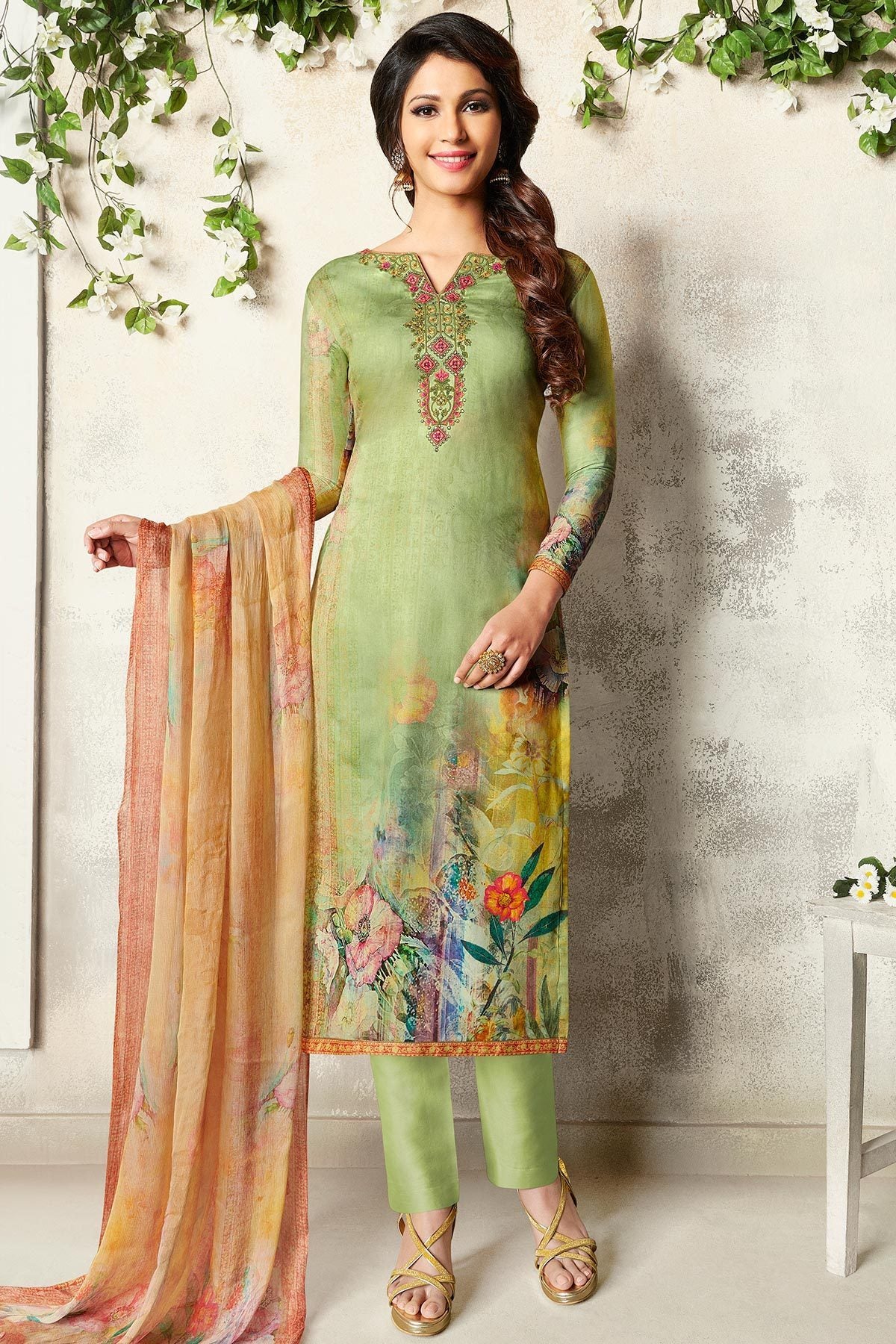 Apple and Lime Green Satin Printed Suit