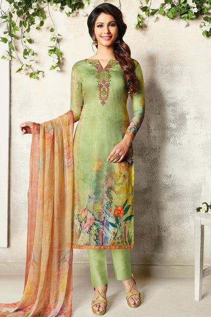 Apple and Lime Green Satin Printed Suit