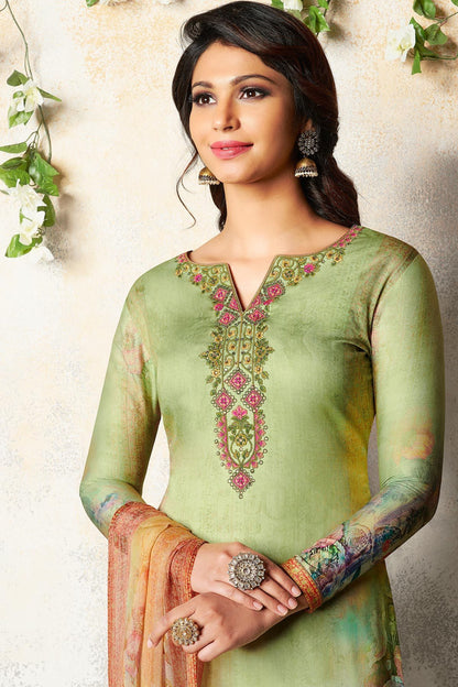 Apple and Lime Green Satin Printed Suit