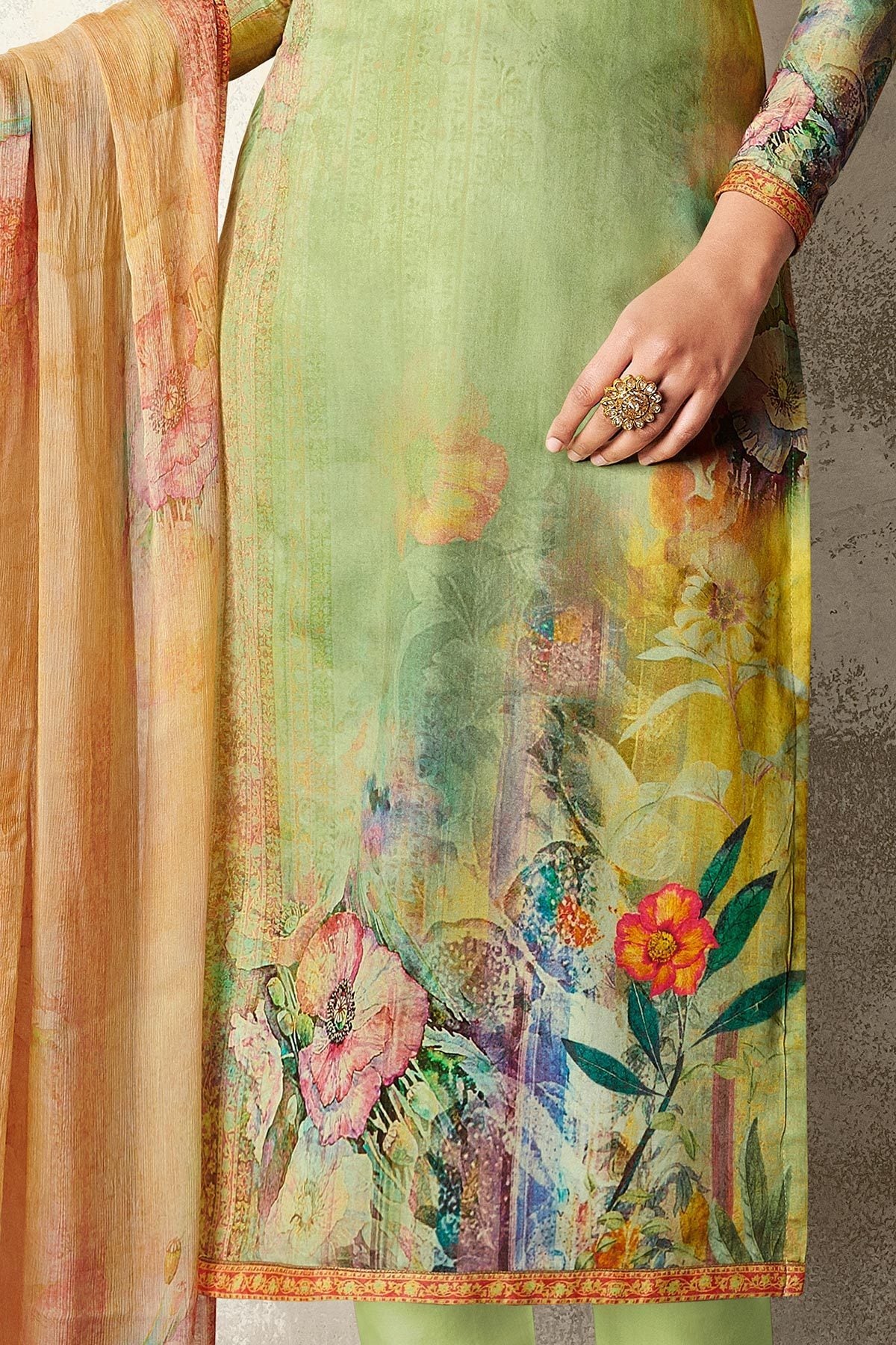 Apple and Lime Green Satin Printed Suit