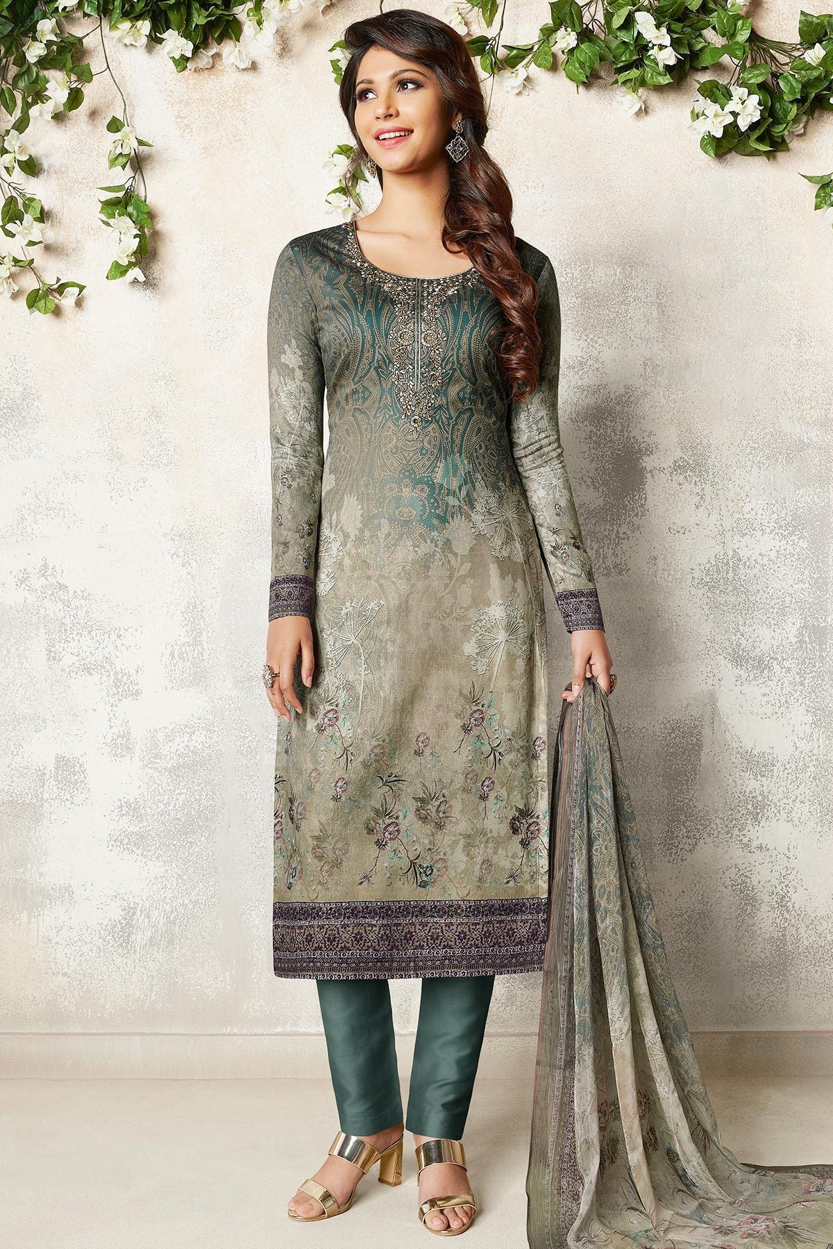 Gray and Lavender shaded Satin printed Suit