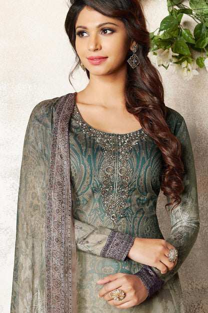 Gray and Lavender shaded Satin printed Suit