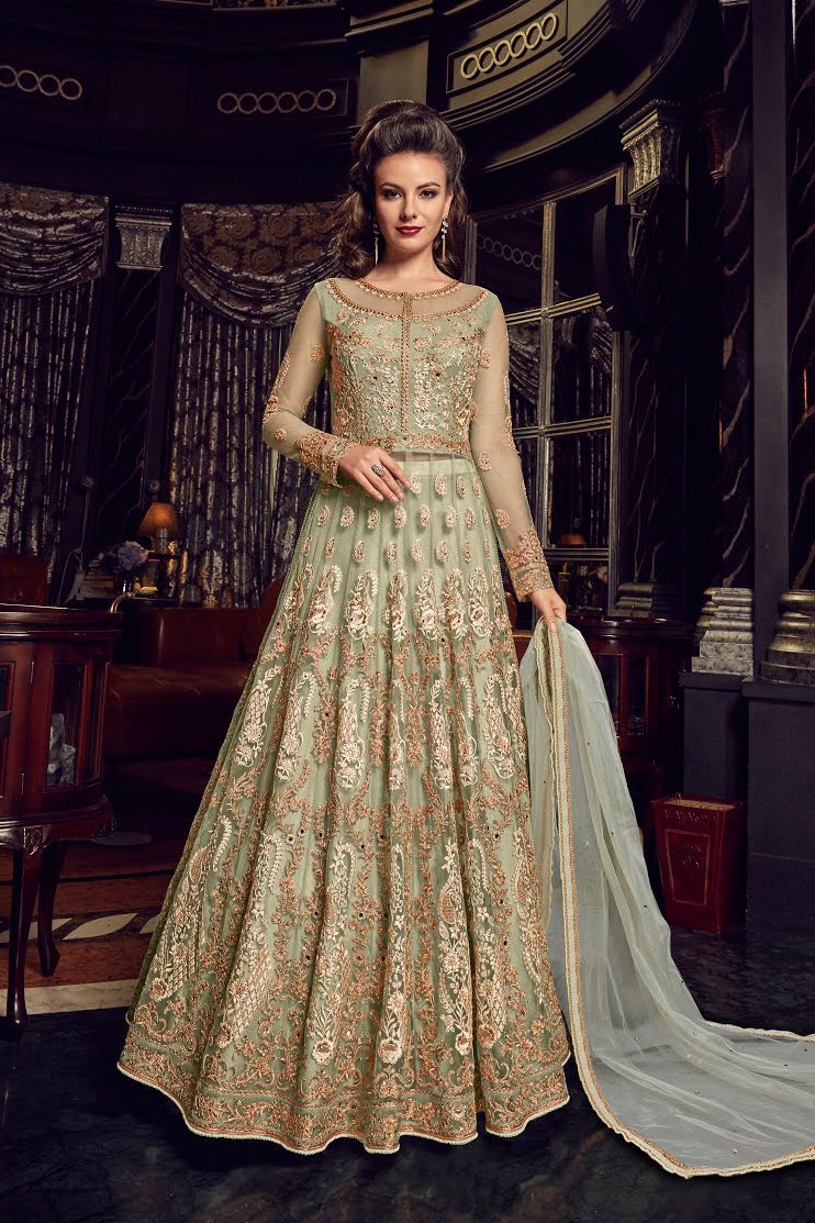 Light Green With Gold Embroidered Party wear Anarkali Suit