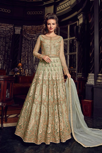 Light Green With Gold Embroidered Party wear Anarkali Suit