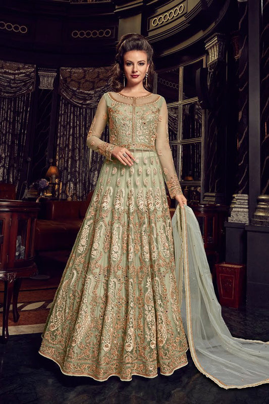Light Green With Gold Embroidered Party wear Anarkali Suit