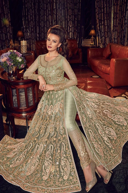 Light Green With Gold Embroidered Party wear Anarkali Suit
