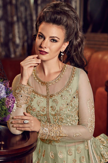 Light Green With Gold Embroidered Party wear Anarkali Suit