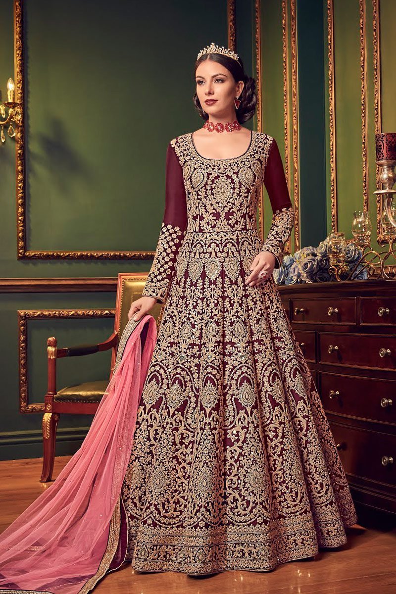 Burgundy All Over Traditional Embroidered Designer Anarkali Suit